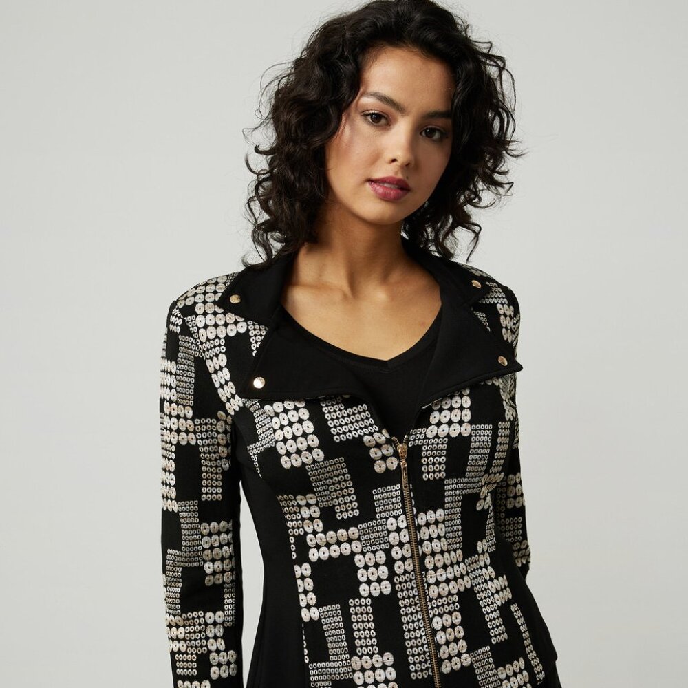 Joseph Ribkoff Printed Jacquard Jacket - Size 12 - Gold hardware moto jacket